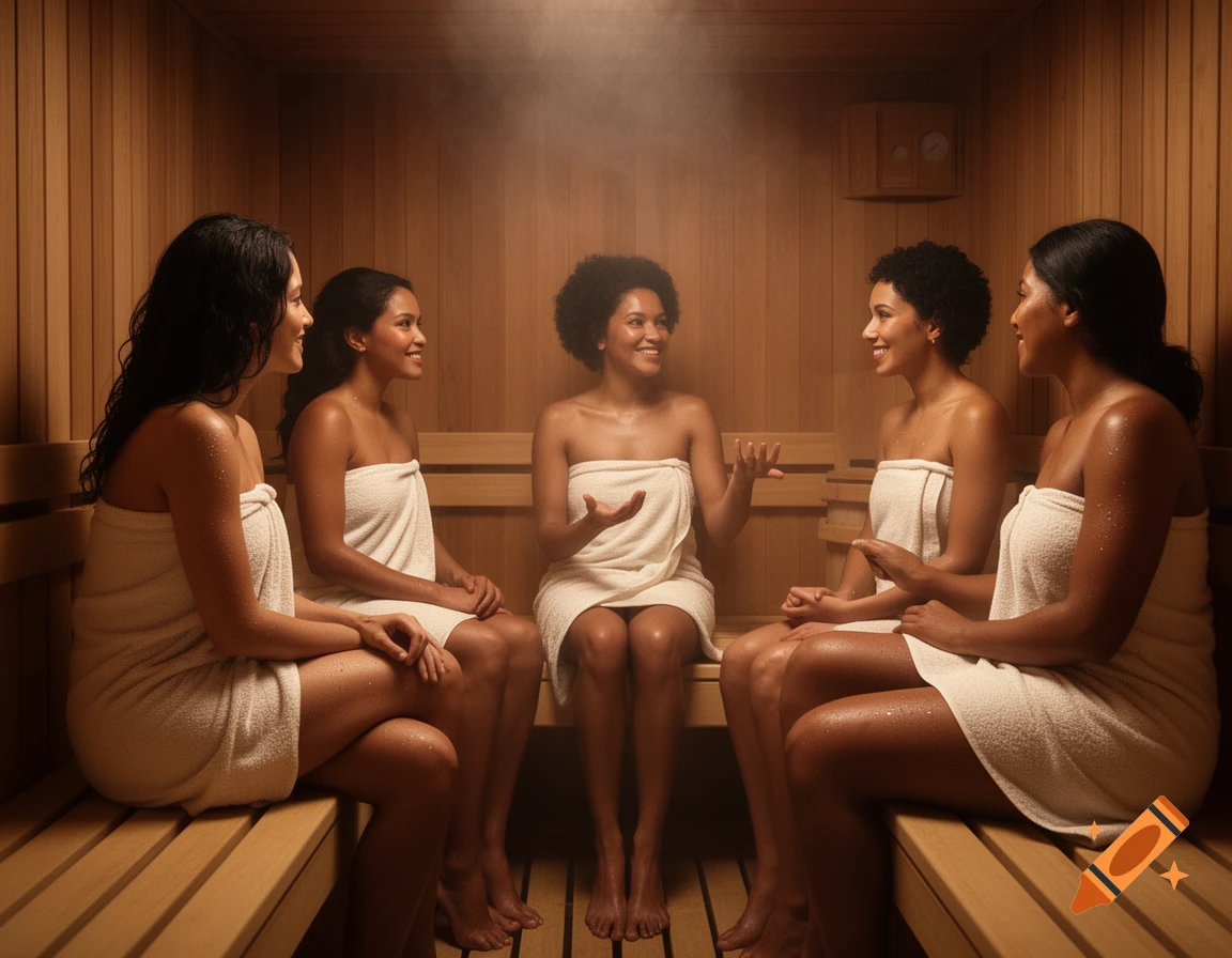 Five women wrapped in white towels relaxing and chatting in a steamy wooden sauna.