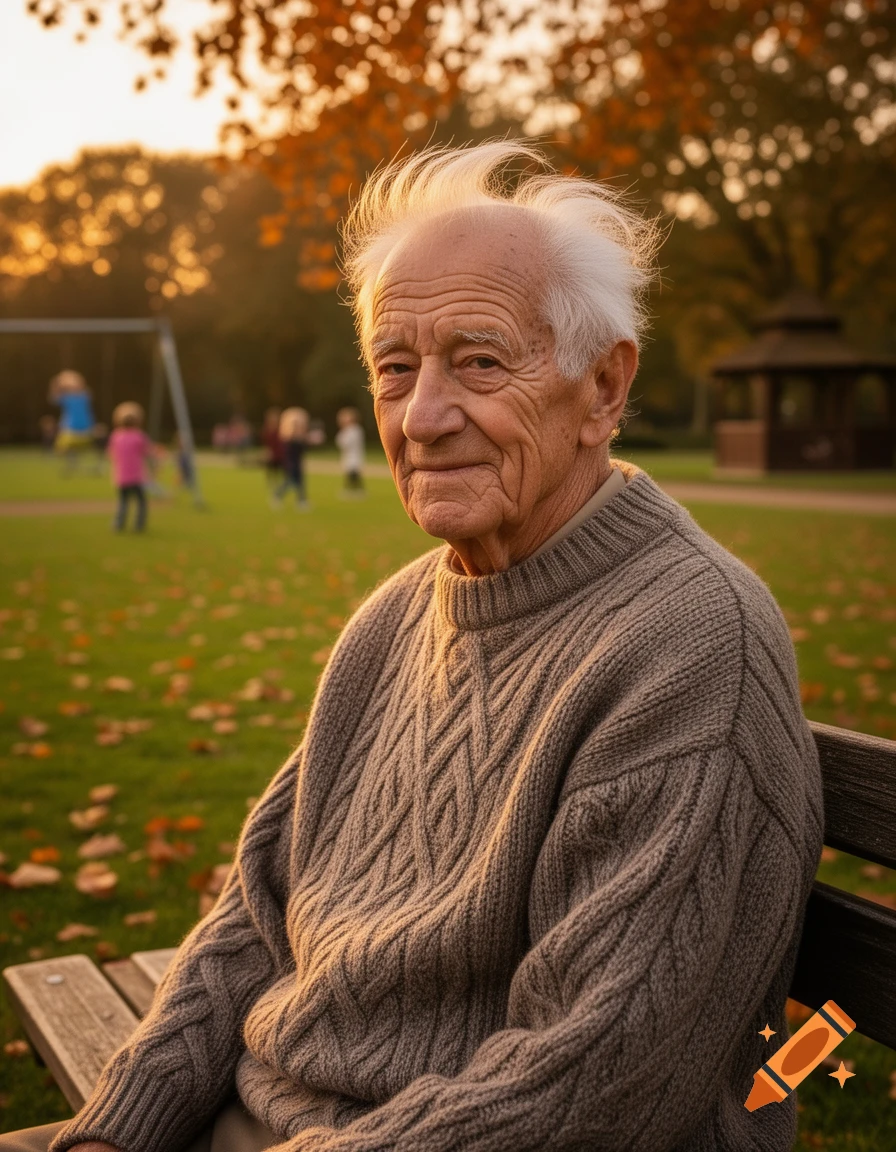 A smiling elderly man with white hair sits on a bench in a park during autumn at sunset.