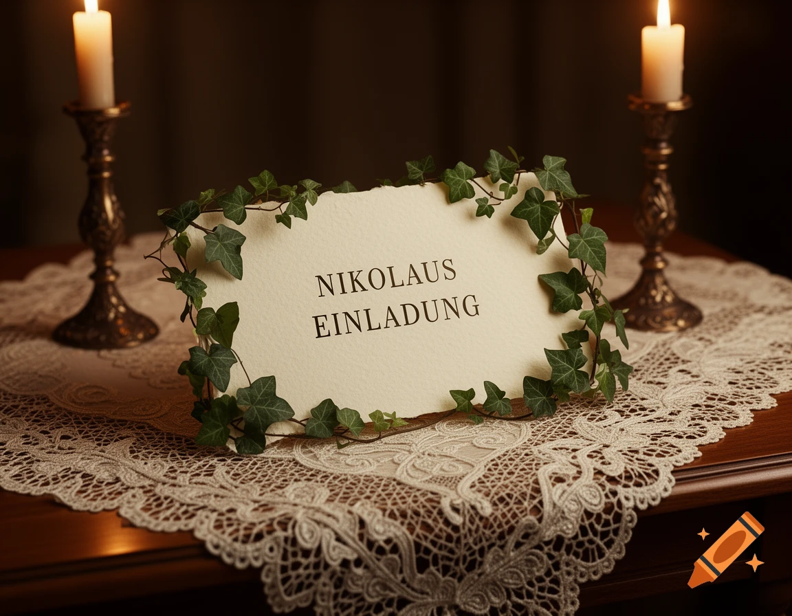 A photorealistic 'Nikolaus Einladung' card adorned with ivy, resting on a lace-covered table between two lit candles.