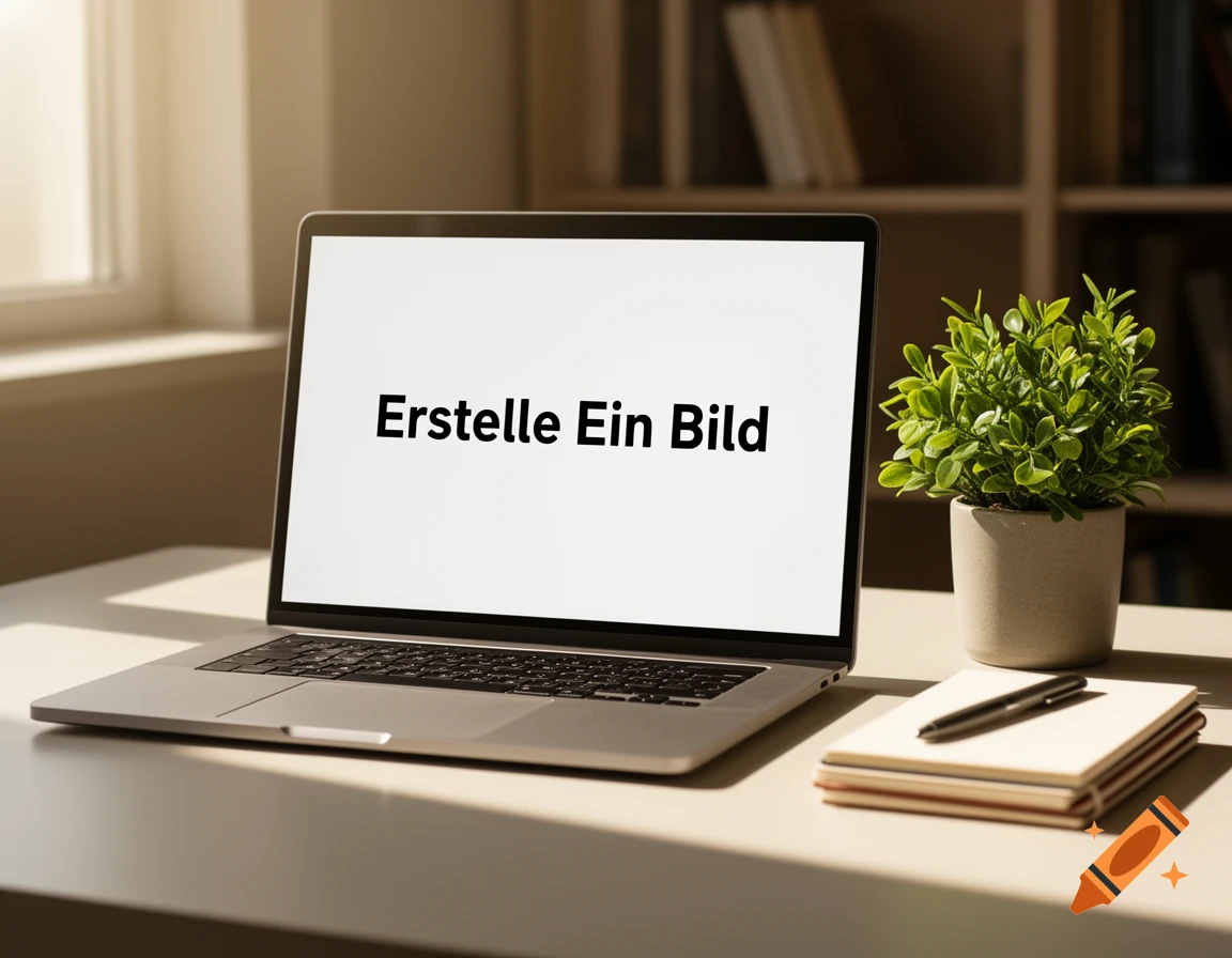 A laptop with the text "Erstelle Ein Bild" on its screen, on a desk with a plant and notebooks in a bright room.