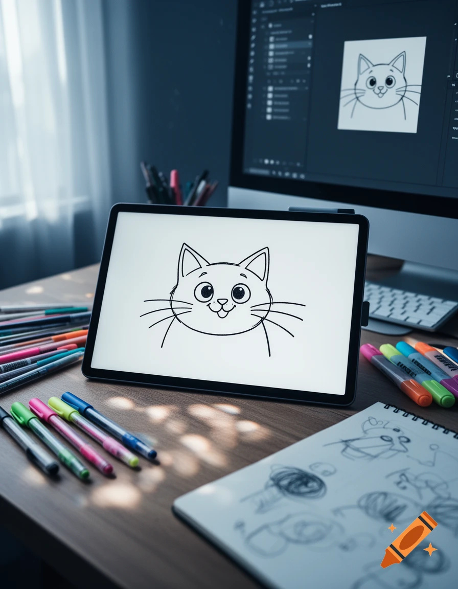 A cartoon cat drawing on a tablet, surrounded by art markers and a sketchpad on a desk.