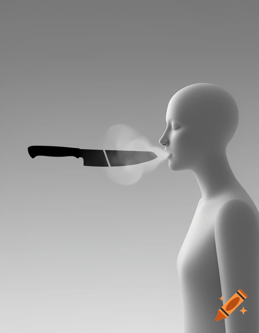 Minimalist monochrome image of a mannequin-like figure in profile with a knife near its mouth, smoke emanating.