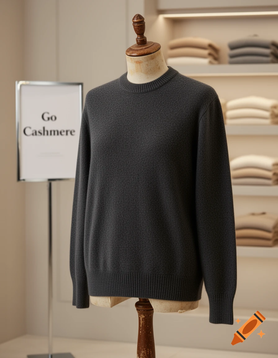 Dark grey cashmere sweater on a wooden mannequin in a store, with a 'Go Cashmere' sign and folded clothing on shelves.