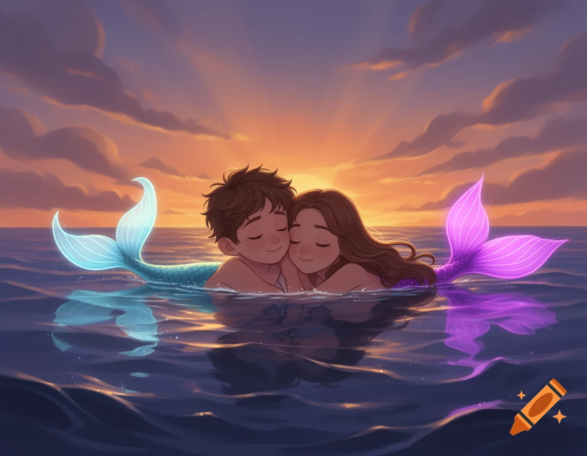 Two happy mermaid children with closed eyes hug each other in the ocean at sunset, one with a blue tail, one with a purple tail.