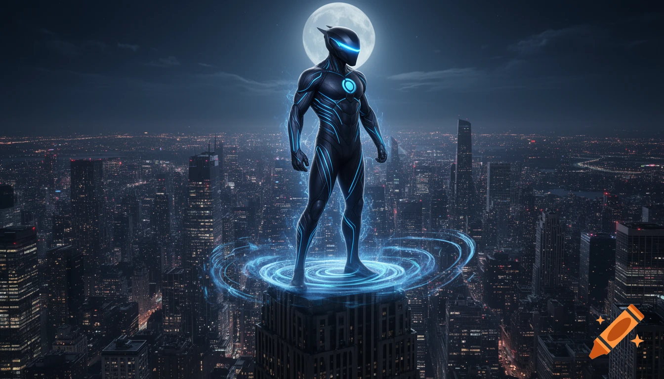 A sleek superhero in a black and blue suit stands atop a skyscraper, glowing with energy, overlooking a futuristic city at night under a full moon.