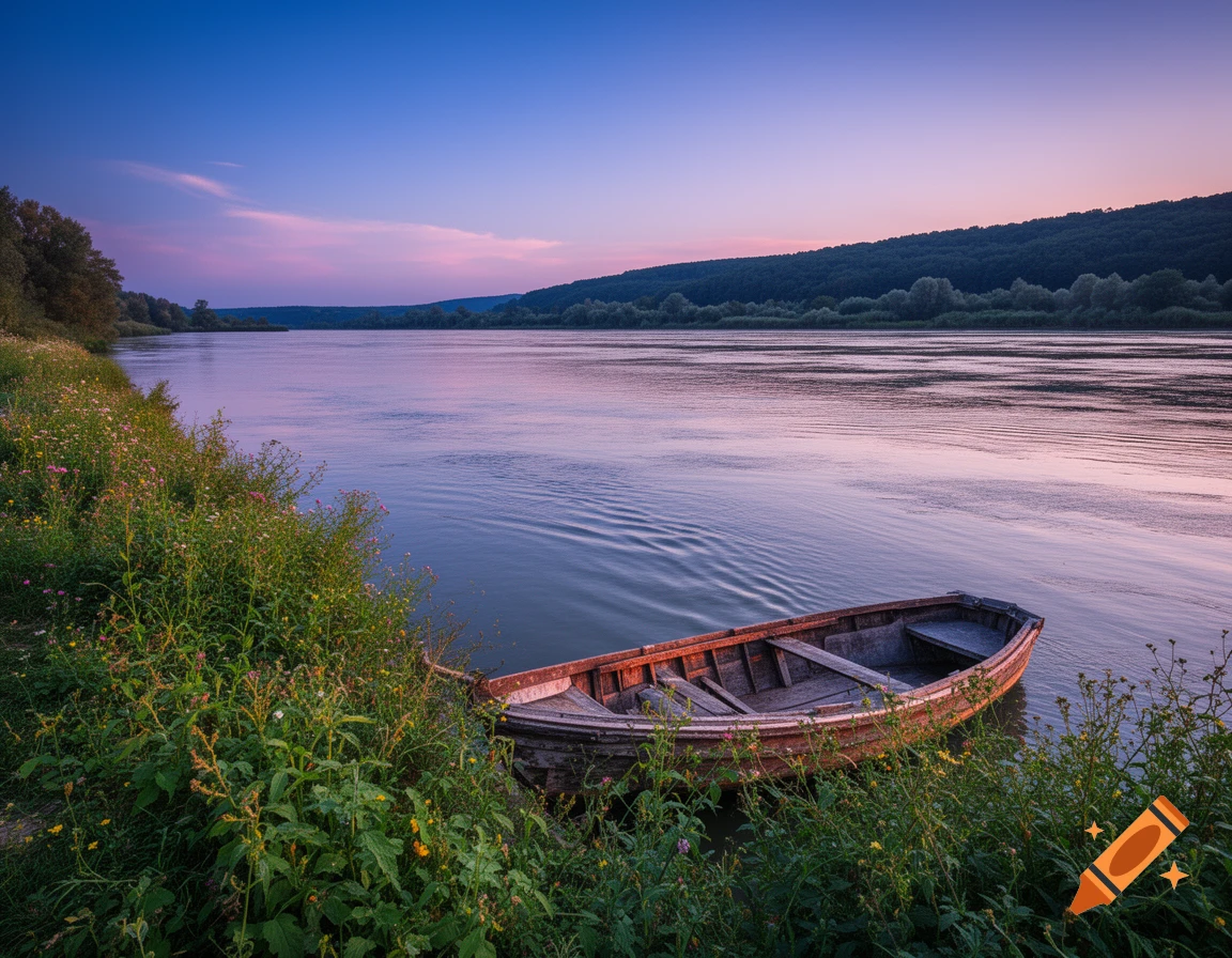 An old wooden boat docked on a grassy riverbank at dusk, with a tranquil river reflecting the pink and blue sky.