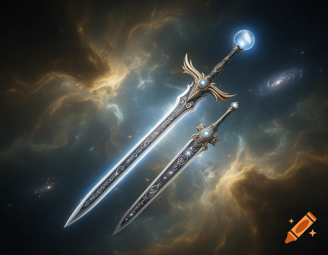 Two ornate fantasy swords with glowing blue blades and hilts, against a cosmic nebula and galaxy background.