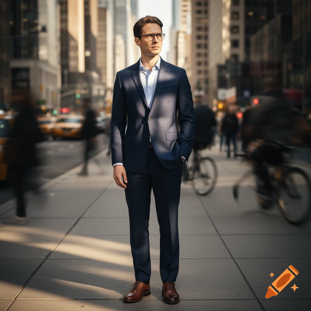 A photorealistic image of a man in a navy suit and brown shoes, standing on a city sidewalk with blurred traffic.
