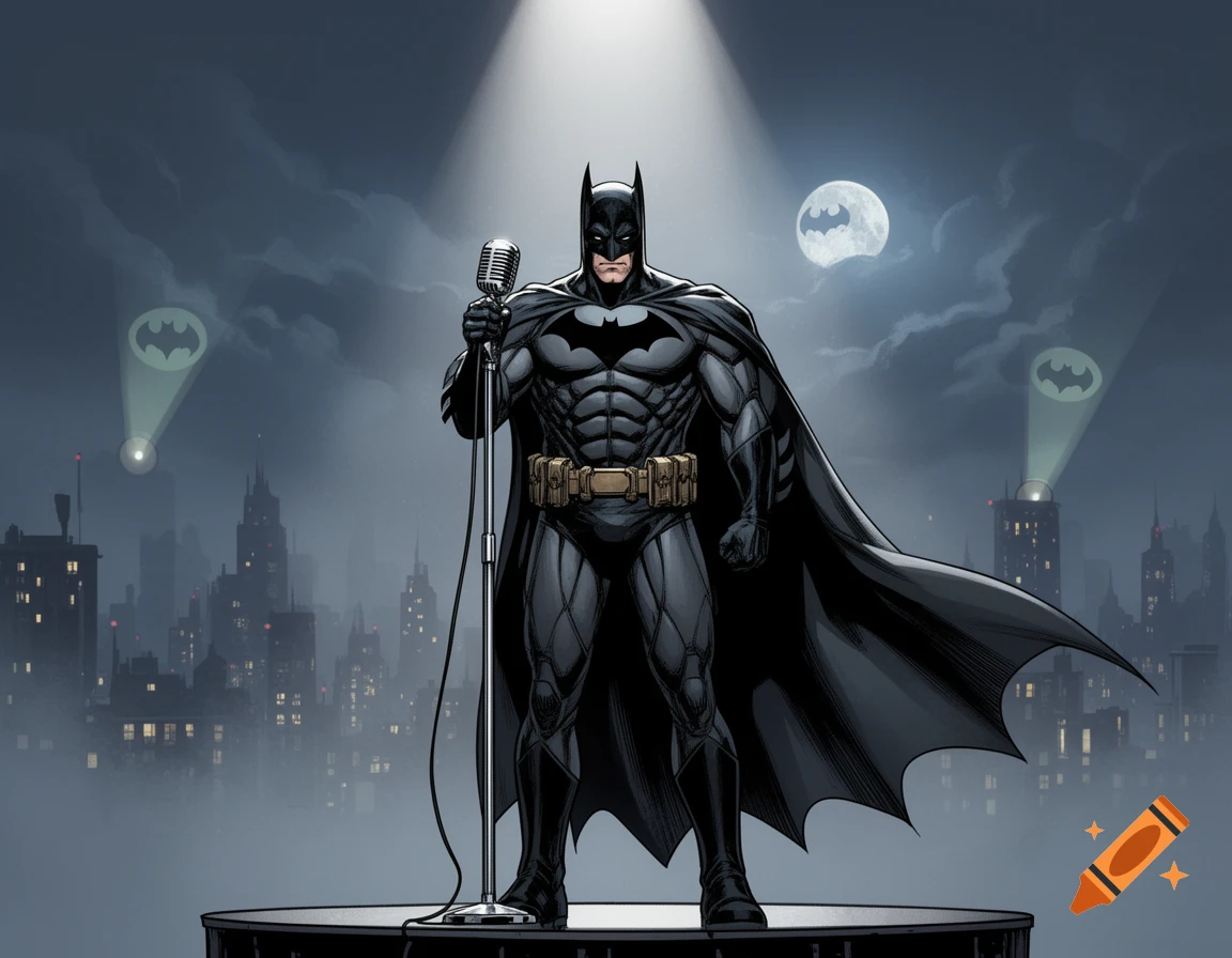 Comic art style Batman stands on a stage with a vintage microphone, spotlighted against a night cityscape with Bat-signals.