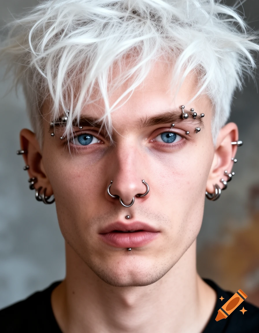 Close-up portrait of a young man with white messy hair, blue eyes, and numerous facial and ear piercings.