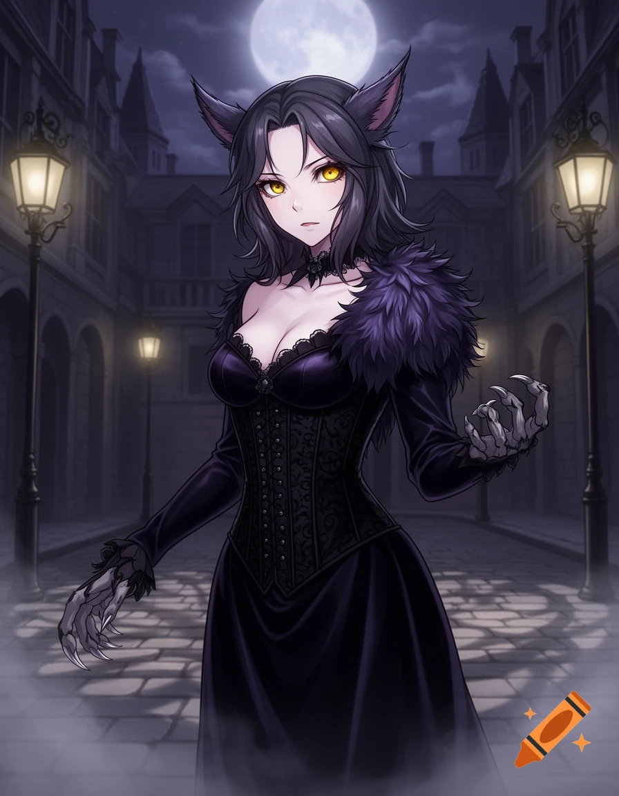 Anime-style gothic werewolf woman with yellow eyes and clawed hands on a foggy street at night under a full moon.