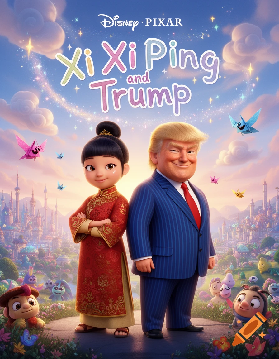 Disney Pixar movie poster of cartoon Xi Jinping and Donald Trump standing in a whimsical city. Title reads 'Xi Xi Ping and Trump'.