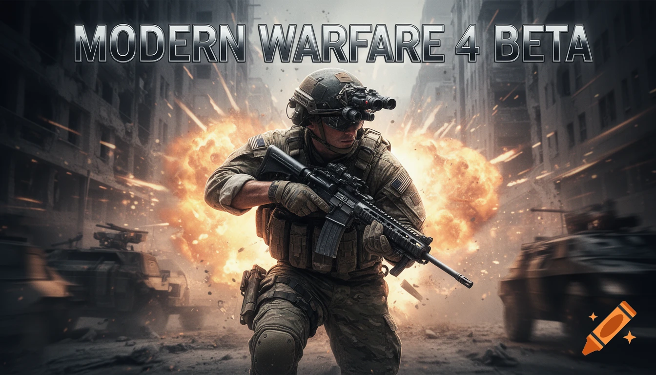 A soldier in combat gear with an assault rifle in a destroyed city with explosions and military vehicles, text says MODERN WARFARE 4 BETA.