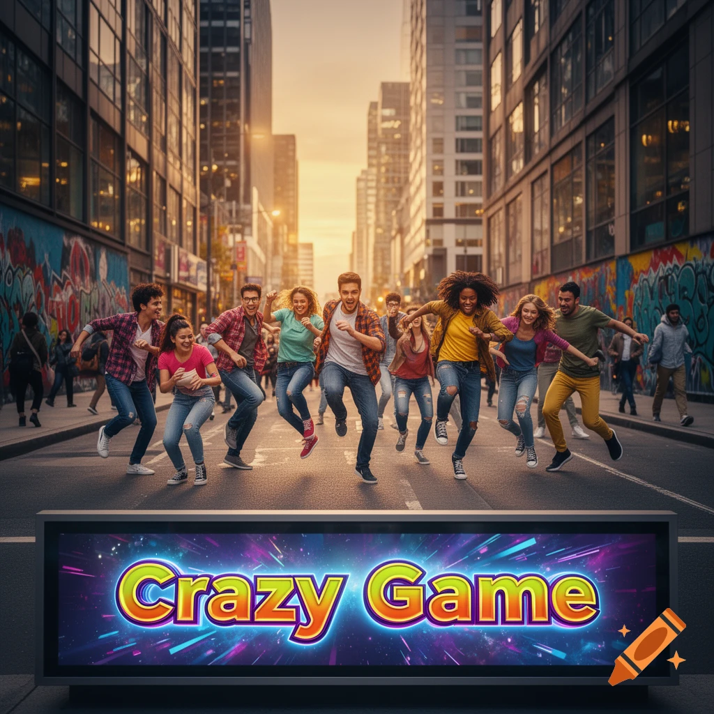Diverse young people jump in a city street with buildings and graffiti, below a billboard displaying 'Crazy Game'.