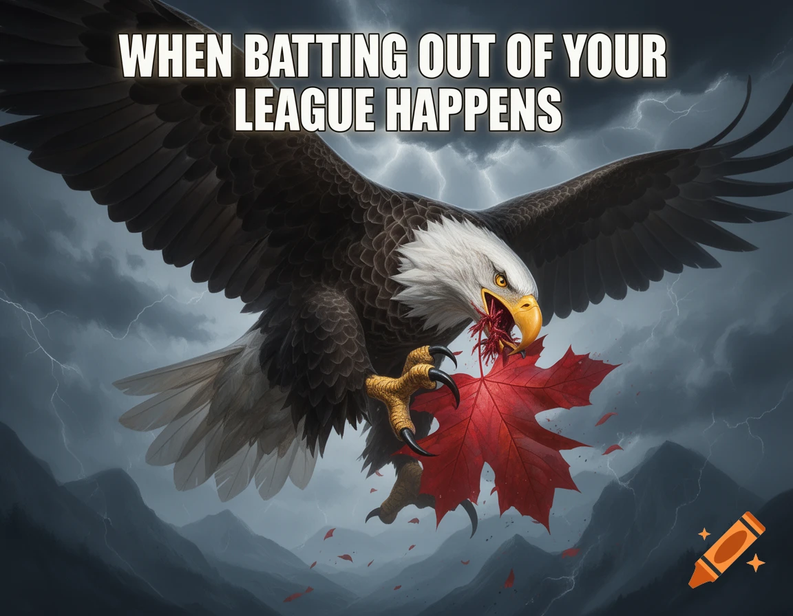 A fierce bald eagle tears a red maple leaf mid-flight under a stormy, lightning-filled sky. Caption: "WHEN BATTING OUT OF YOUR LEAGUE HAPPENS"