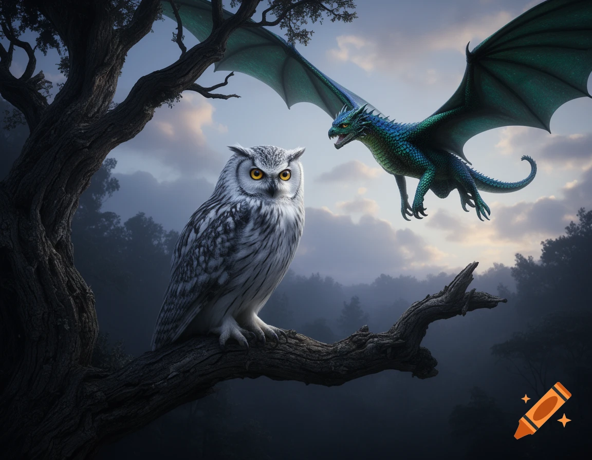 A photorealistic white owl with yellow eyes perches on a dark tree branch as a blue-green dragon flies in a misty forest.
