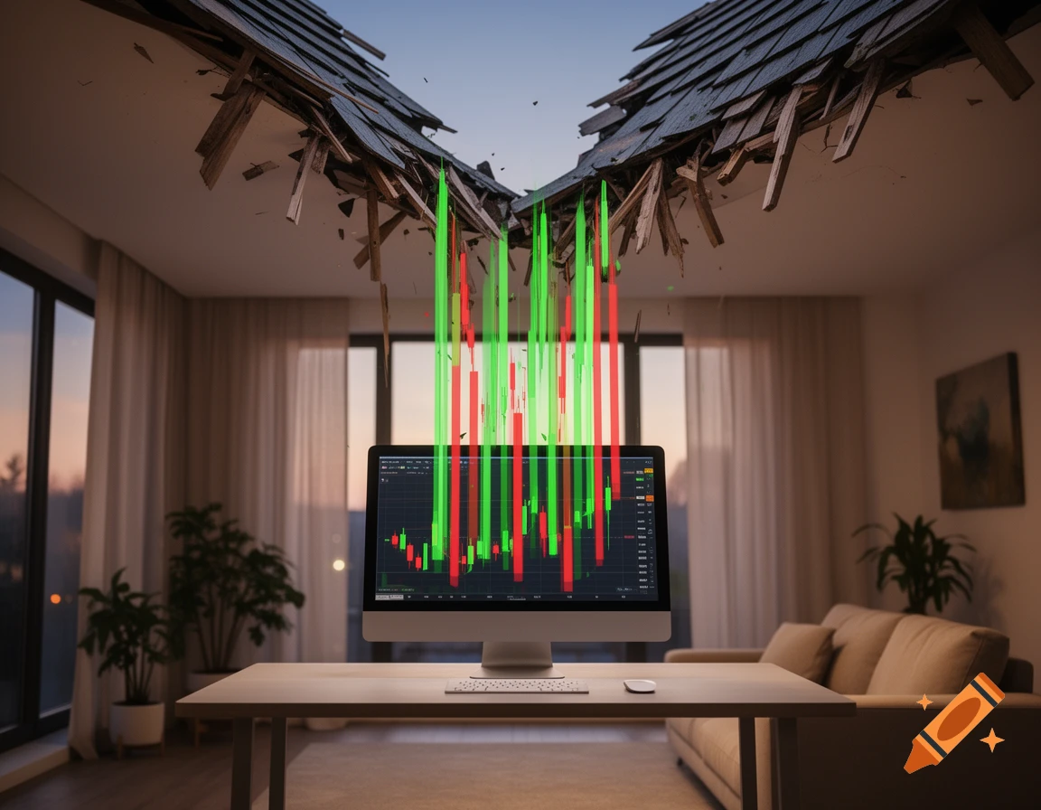 A computer screen displays a bitcoin stock chart with green and red bars that extend upwards, breaking through the damaged roof of a modern house at sunset.