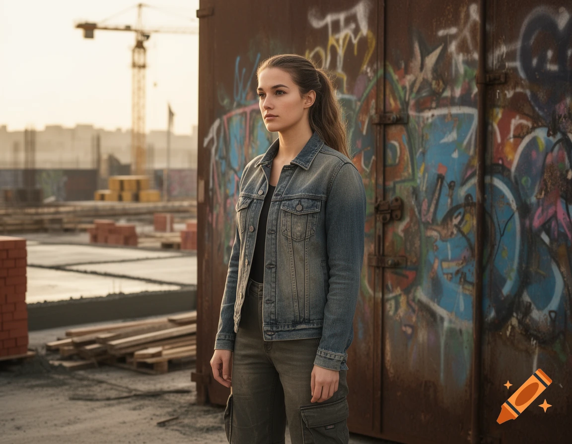 A young woman with a ponytail, wearing a denim jacket and cargo pants, stands in an industrial area with a graffiti-covered metal wall behind her, a crane in the distance.