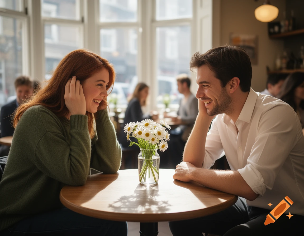 A smiling man and woman on a date in a sunlit cafe, with a vase of daisies on the table between them.