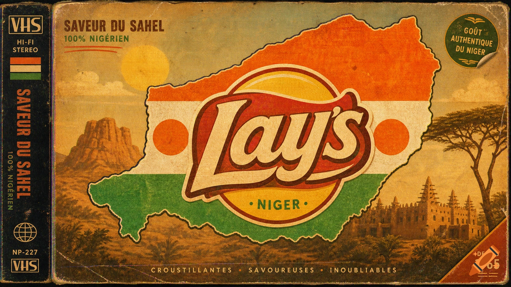 A retro-style VHS cover featuring the map outline of Niger with its flag colors. A Lay's logo is centered, surrounded by desert landscapes, a sun, and text like "SAVEUR DU SAHEL" and "100% NIGÉRIEN".