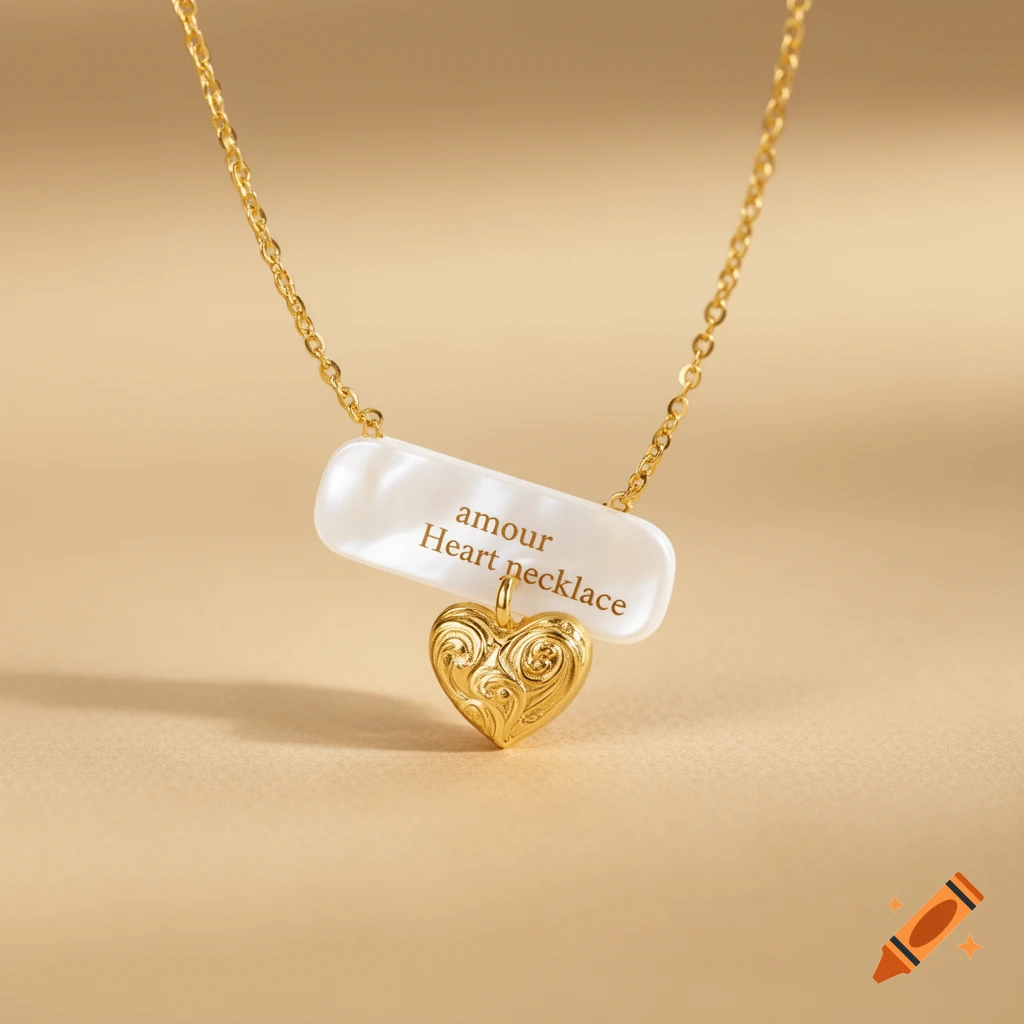 A photorealistic gold chain necklace with a textured heart pendant and a white bar displaying "amour Heart necklace".