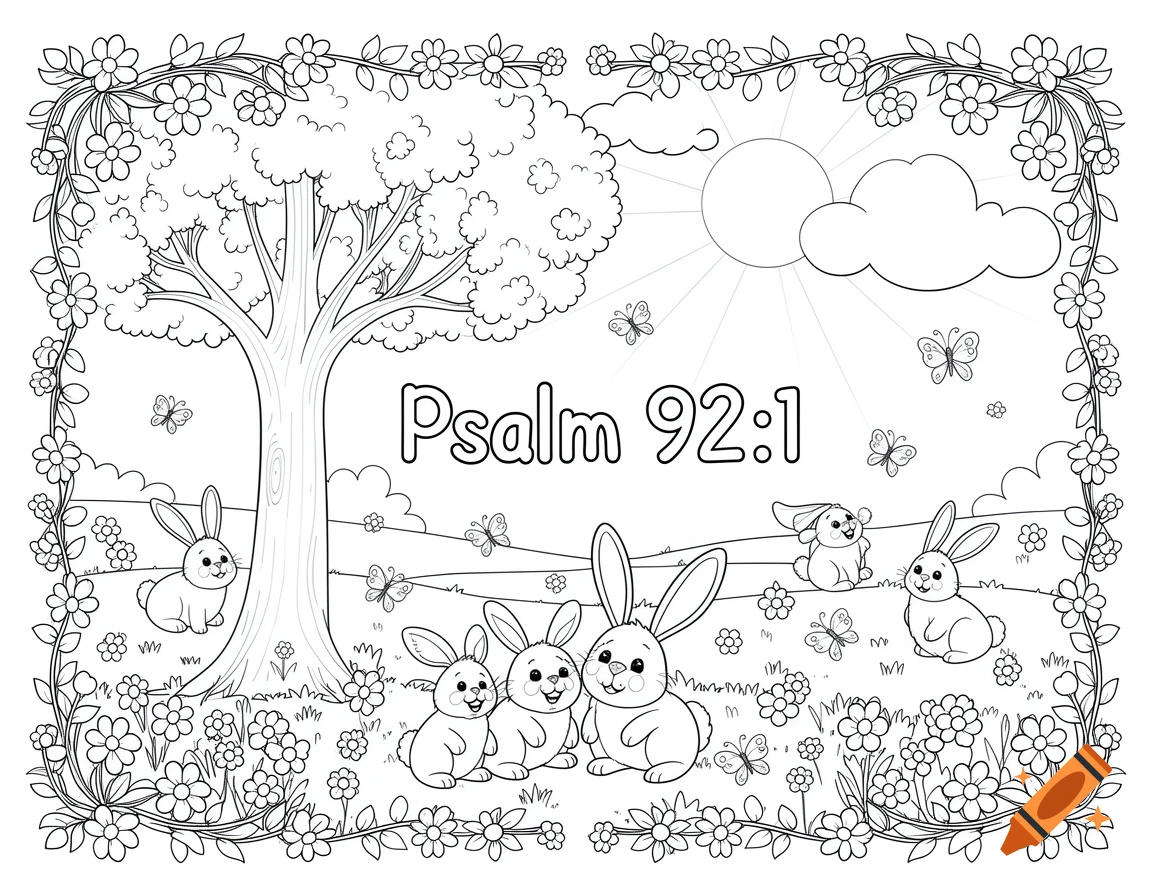 Black and white coloring page with cartoon bunnies, a tree, flowers, butterflies, sun, and 'Psalm 92:1' text.