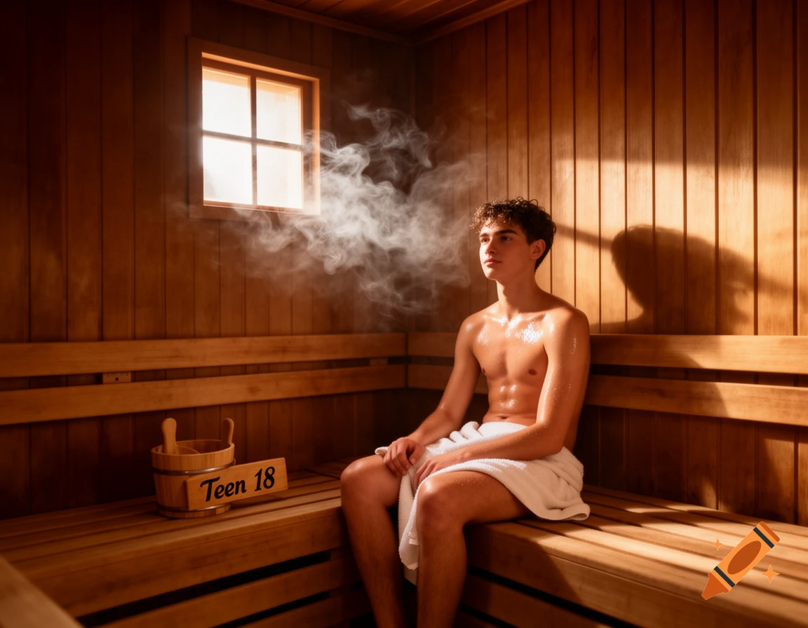 A photorealistic image of a young man with a towel sitting in a wooden sauna with steam and a bucket labeled "Teen 18".