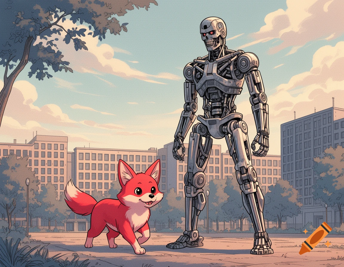 A cute red fox-like dog and a Terminator robot walk on a city street with buildings, in anime comic style.