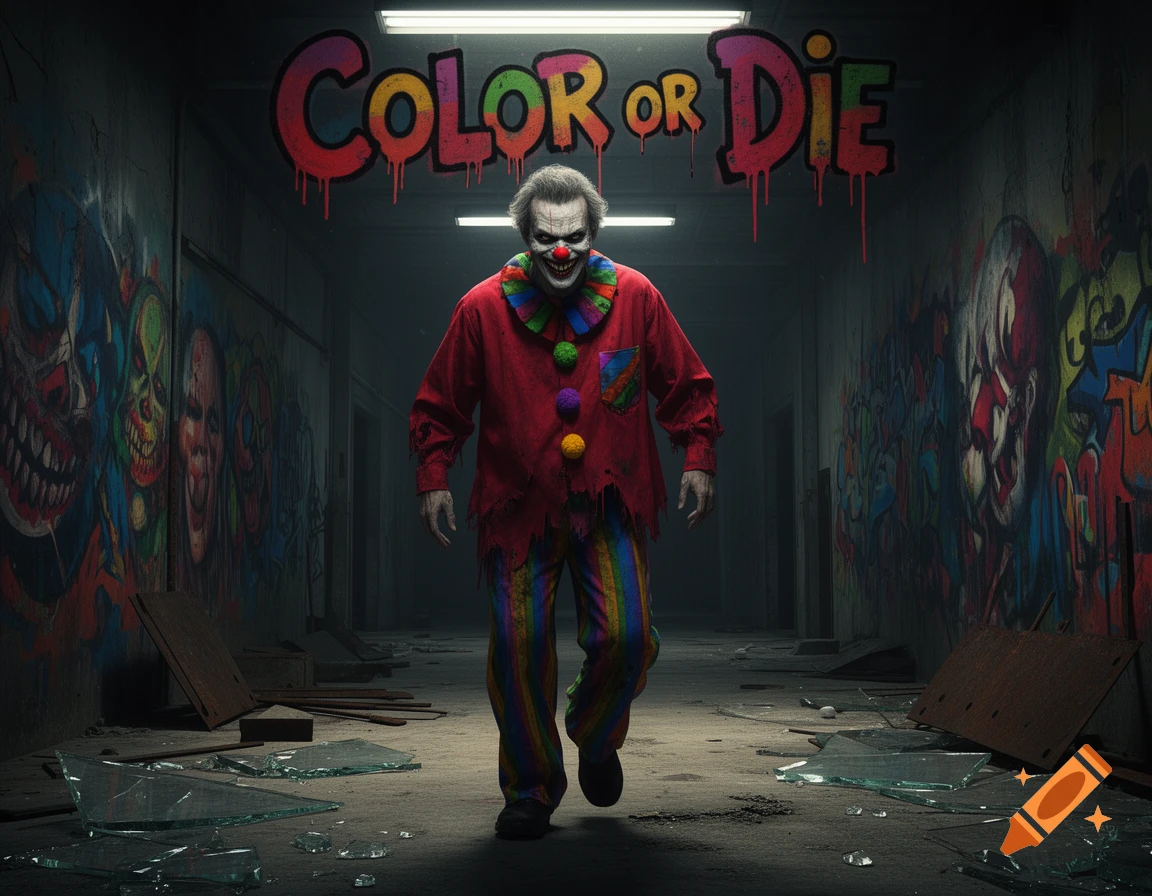 A scary clown in a tattered red suit and rainbow pants walks in a dark, graffiti-covered hallway with broken glass, under the text 'COLOR OR DIE'.