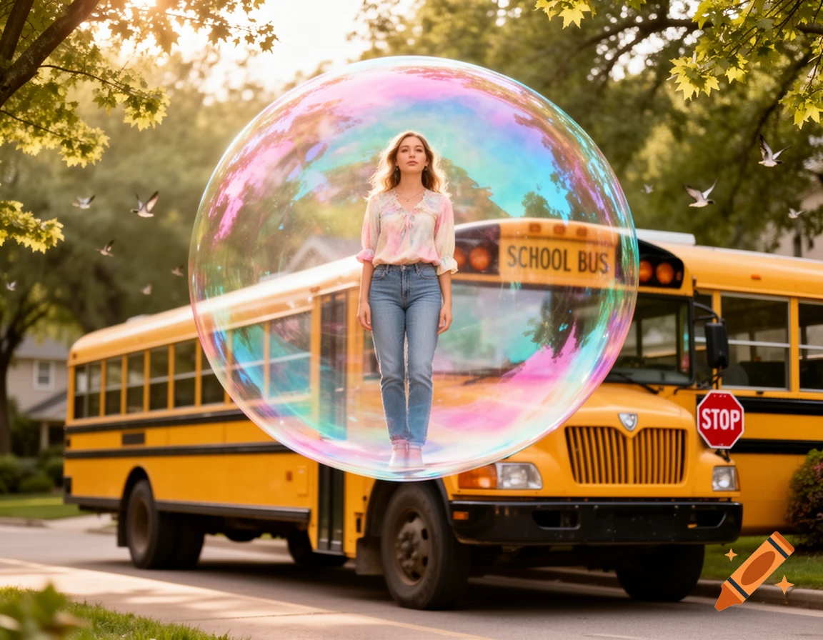 Young woman in iridescent bubble stands on a street with yellow school buses in the sunny background.