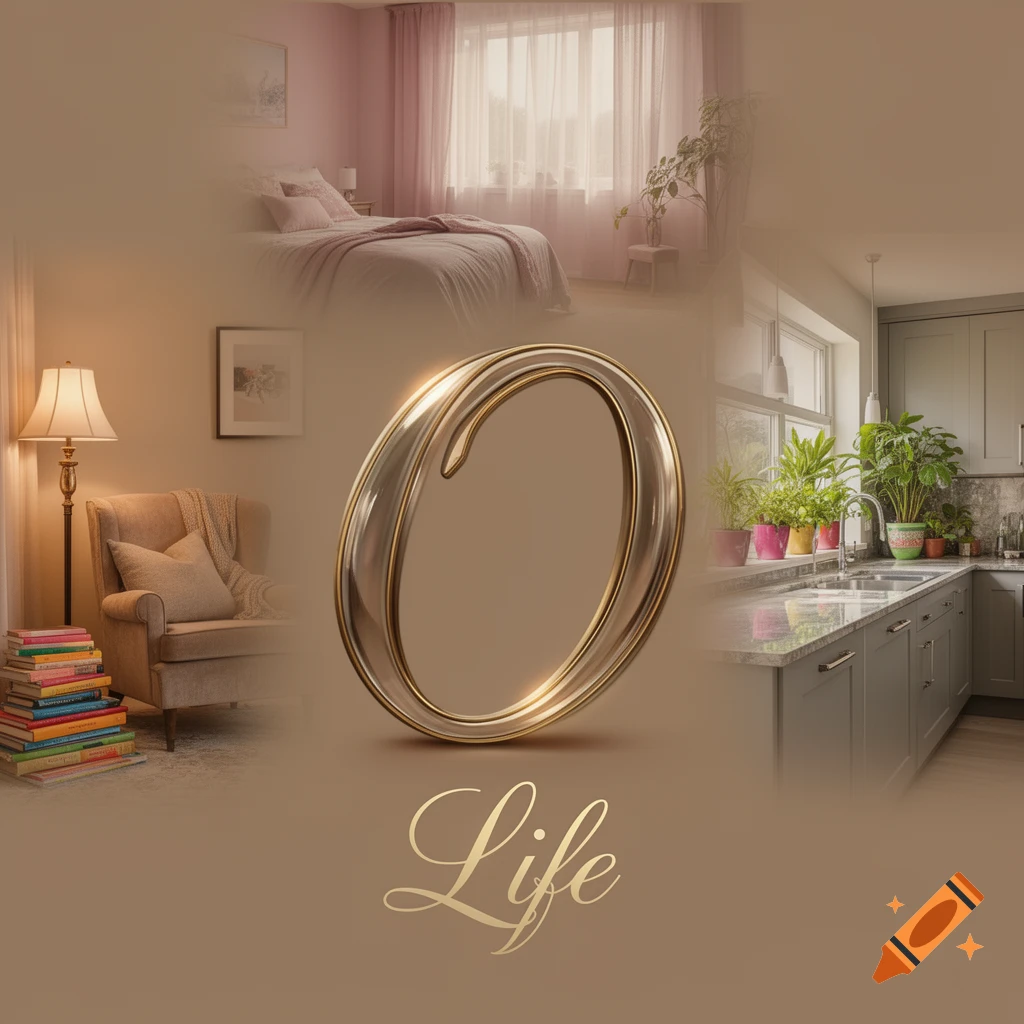 A large golden-edged 'O' and the word 'Life' are centered, surrounded by blurred vignettes of a bedroom, living room, and kitchen.