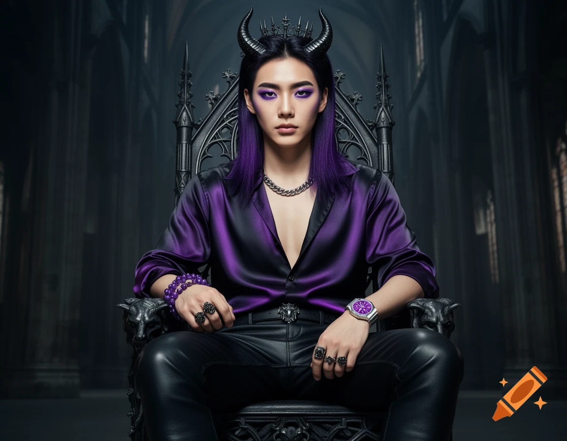 A handsome man with purple hair, horns, and purple makeup sits on a dark Gothic throne, wearing a purple silk shirt and leather pants.