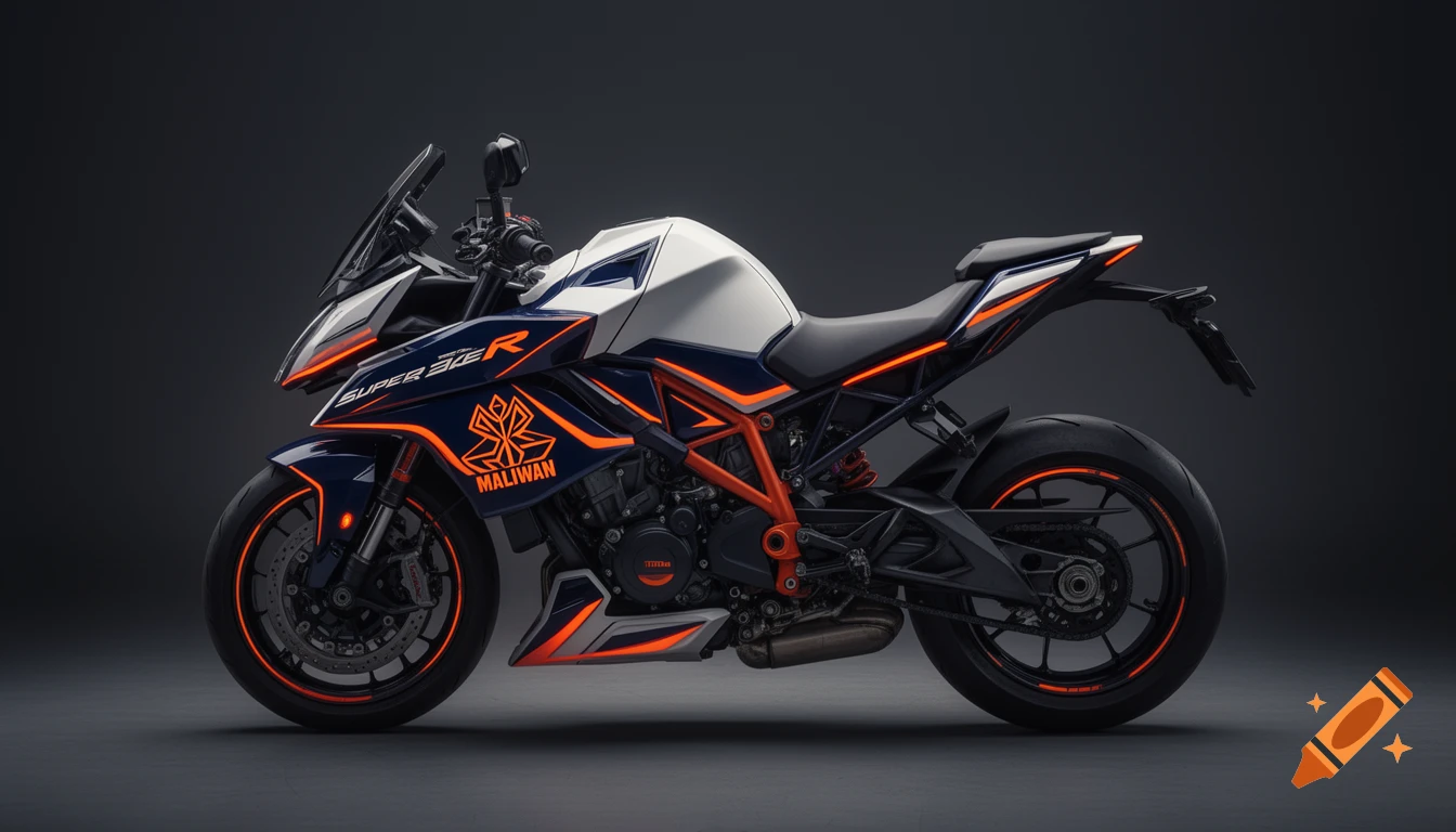A photorealistic studio shot of a custom dark blue, white, and neon orange sport motorcycle with glowing accents.