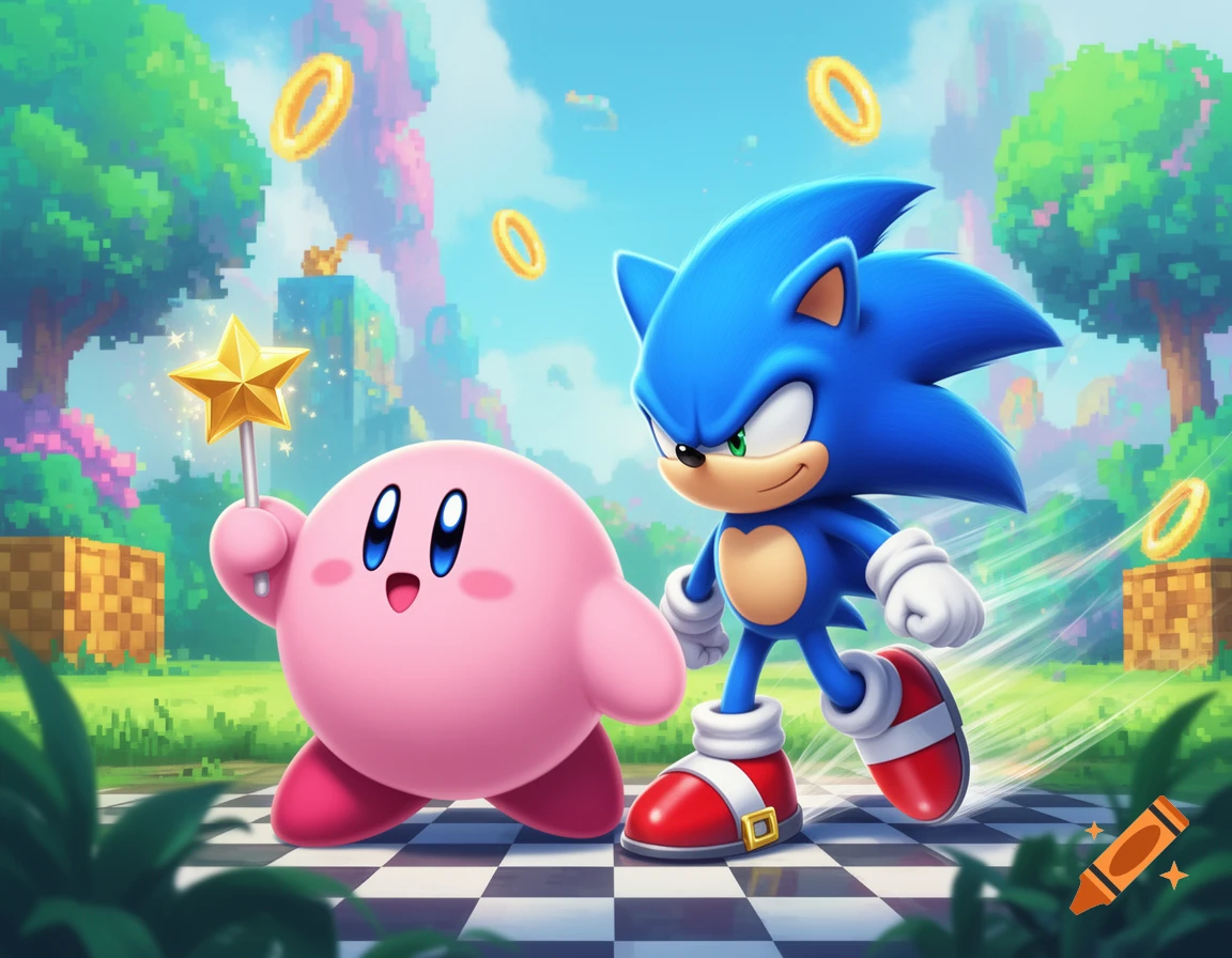Kirby holding a star wand next to Sonic the Hedgehog on a checkered path with pixelated trees and golden rings in a vibrant video game world.