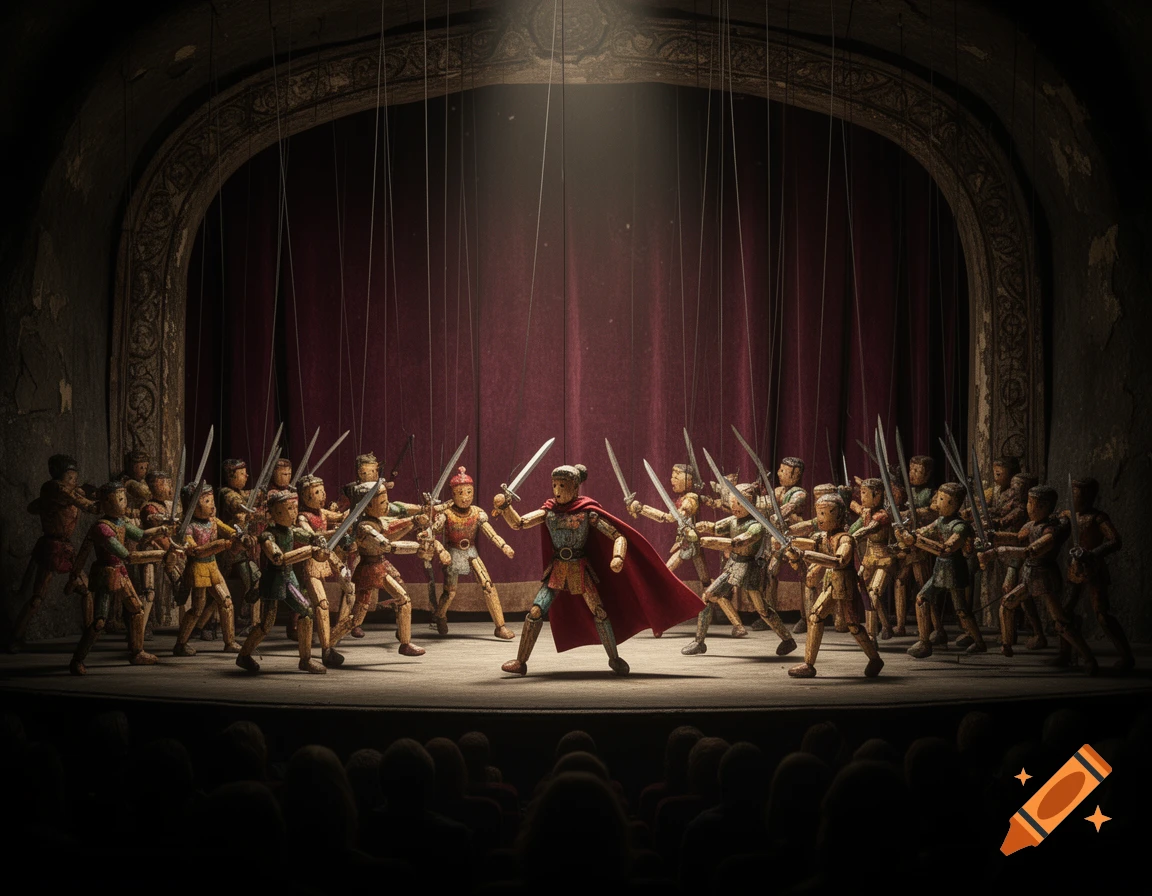 Dramatic scene of wooden marionettes with swords on a theater stage, viewed by an audience.