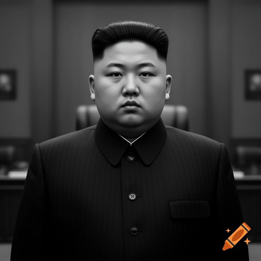 A black and white photorealistic portrait of Kim Jong Un in a pinstripe suit, looking directly at the viewer.