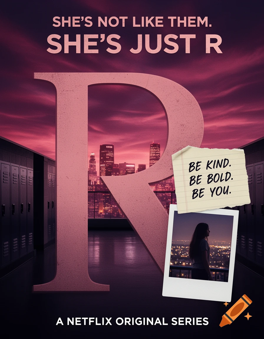 Moody Netflix poster for 'SHE'S JUST R' with a giant pink 'R', twilight cityscape, a girl in a polaroid, and a note 'BE KIND. BE BOLD. BE YOU.'