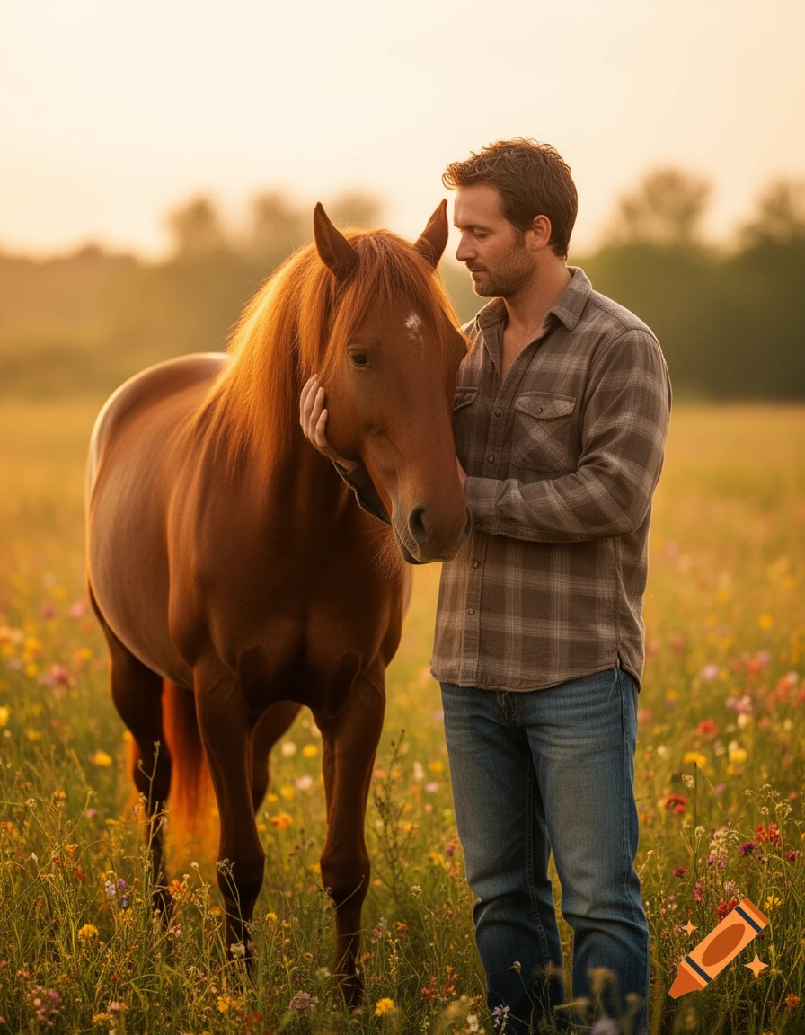 A man affectionately touches a brown horse in a sunlit field filled with colorful wildflowers.