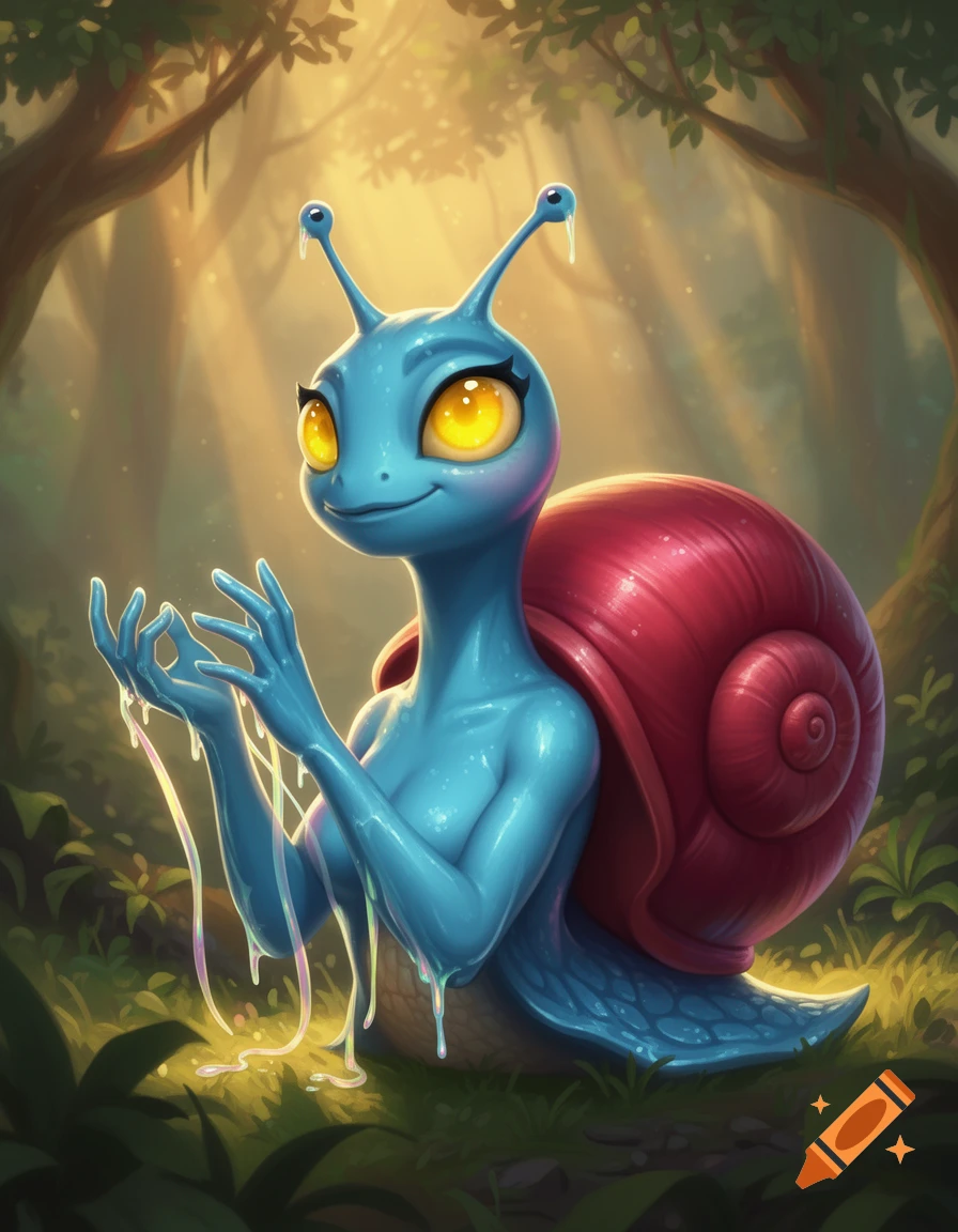 Cartoonish blue anthropomorphic snail with a red shell and yellow eyes in a forest, hands dripping with glowing slime.