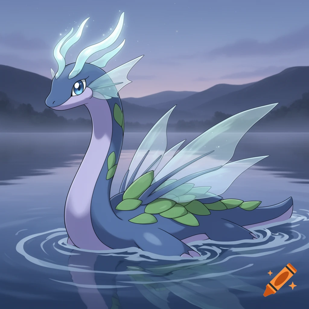 A blue and purple, long-necked sea creature with antlers and leaf-like scales swims in a calm lake against a mountain backdrop in an anime style.