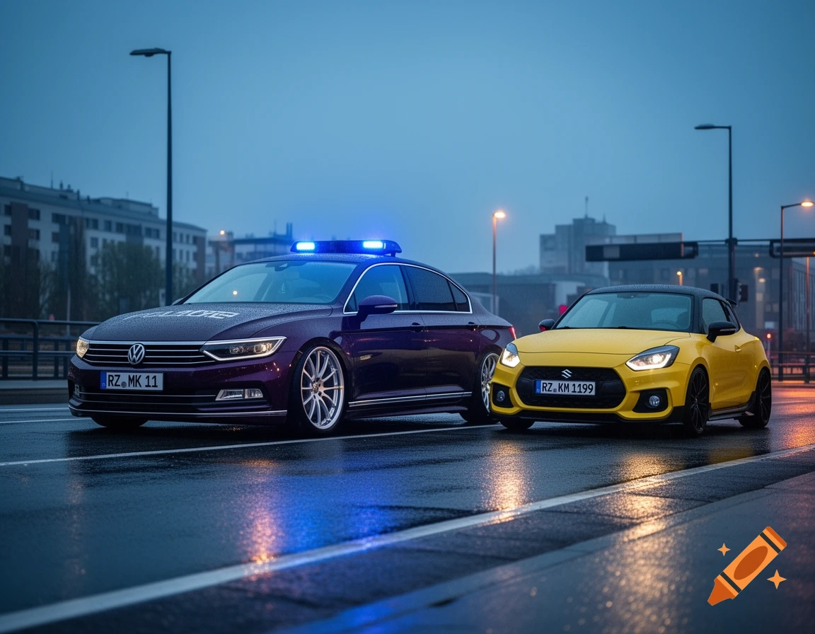 A purple police car with blue flashing lights and a yellow sports car parked side-by-side on a wet city street at dusk.