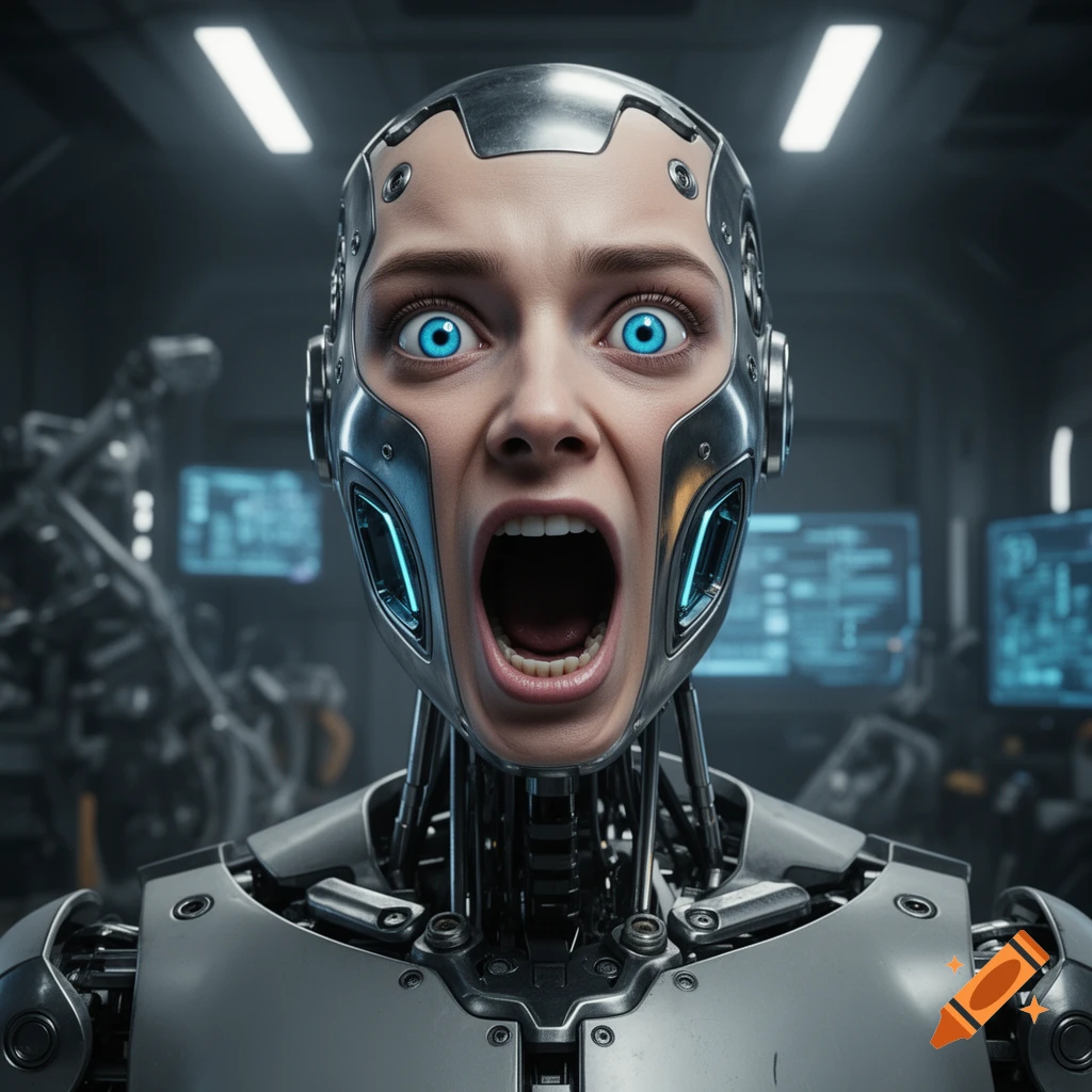 A futuristic robot with a human face screams in a dimly lit lab, eyes wide blue and mouth agape.