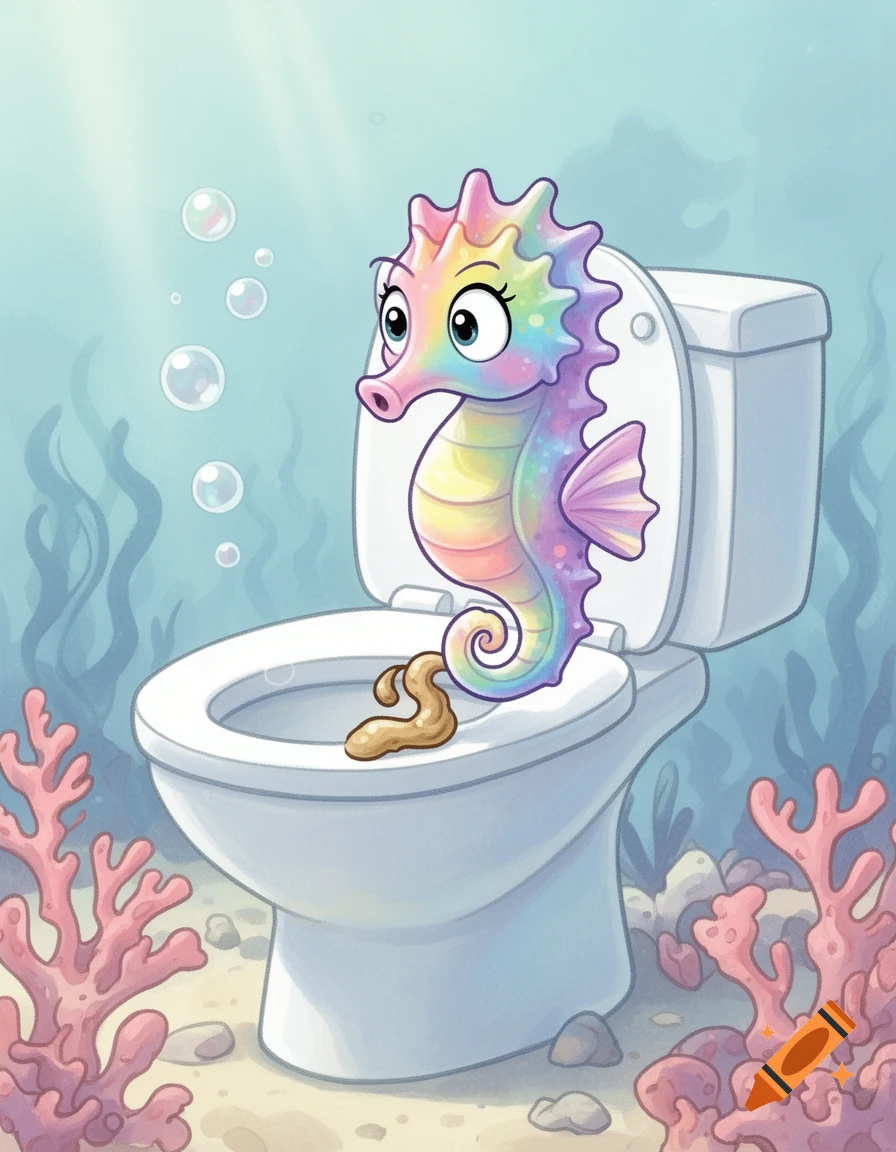 A cartoon rainbow seahorse sits on a white toilet with a brown pile of poop in the bowl, in an underwater scene with corals.