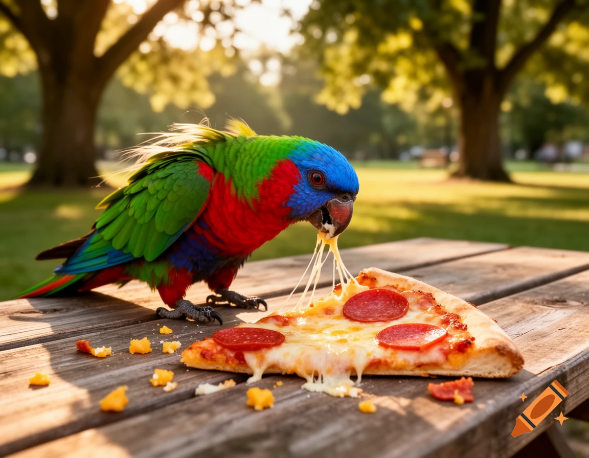 A colorful parrot pecking at a slice of pepperoni pizza on a wooden picnic table in a sunlit park.