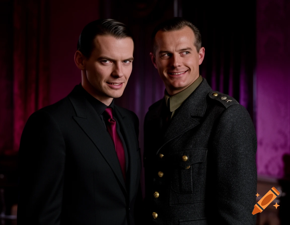 Two men, one in a black suit with a red tie and another in a dark military uniform, stand in a dimly lit room with a purple background.