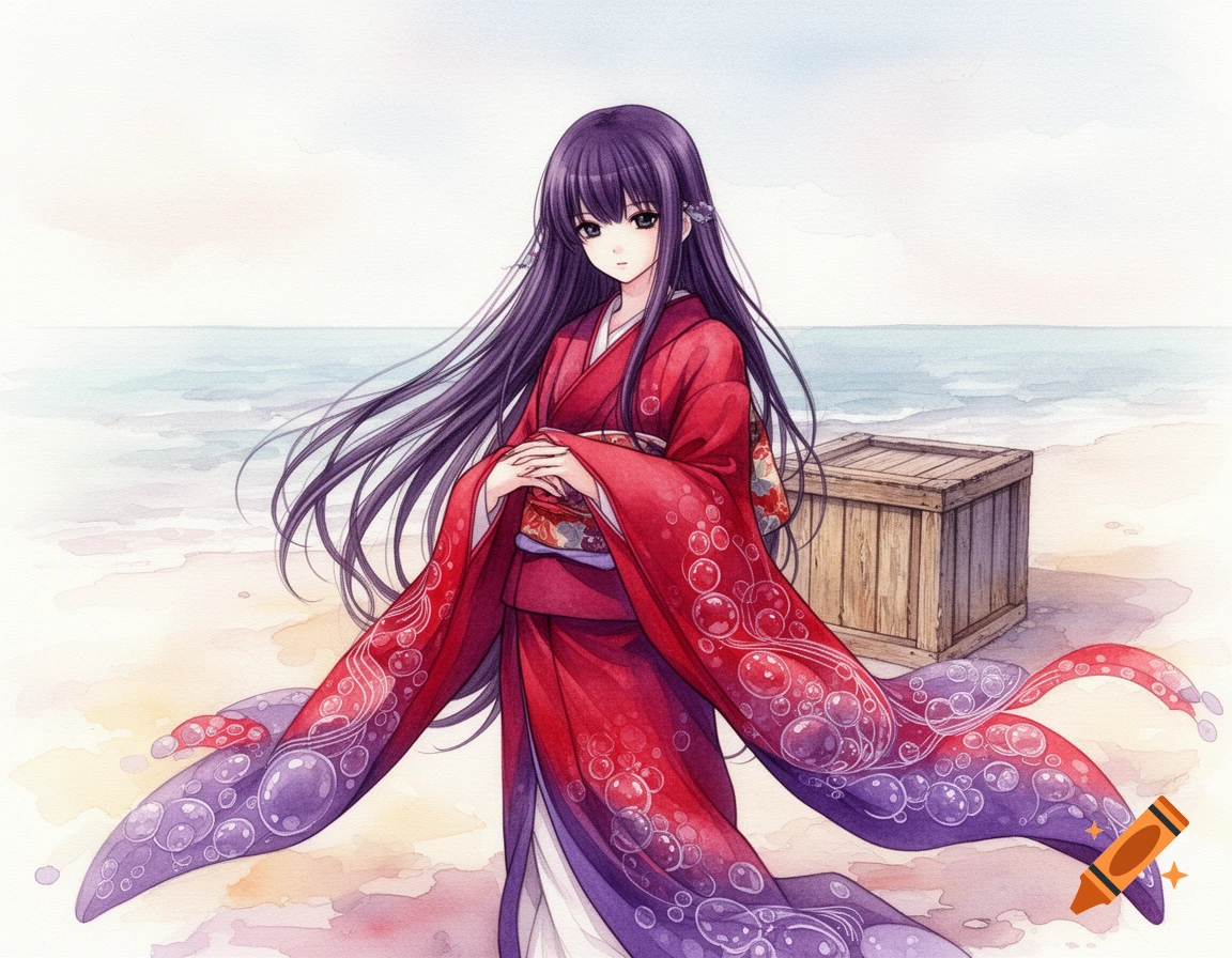 Anime girl with long purple hair in a red and purple kimono with bubble designs, standing on a watercolor beach with a wooden crate.