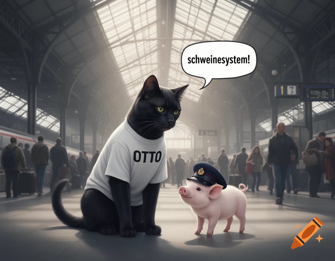 A black cat wearing an OTTO shirt and a pig in a conductor's hat at a train station. The cat says 'schweinesystem!' in a speech bubble.