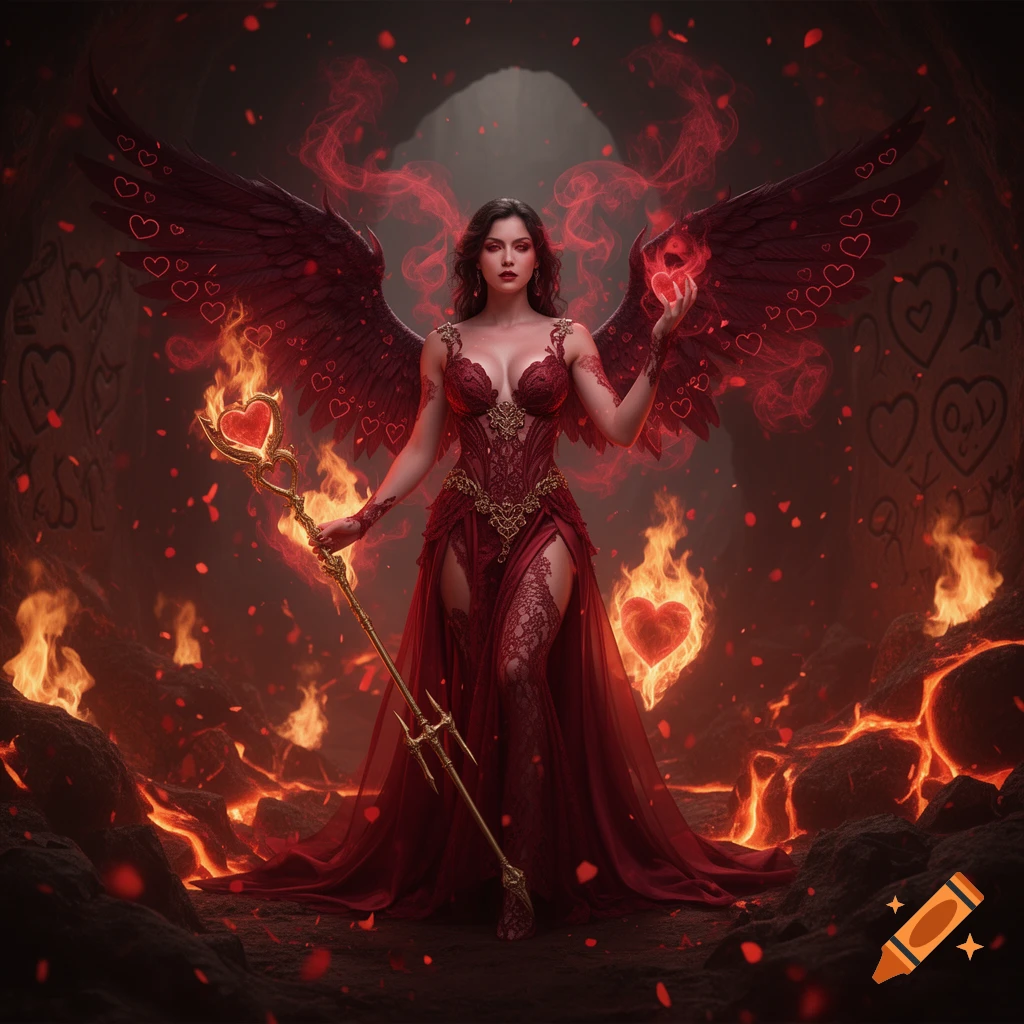 A winged demoness in a red, lace dress stands in a fiery cave, holding a heart-tipped staff and a glowing red heart.