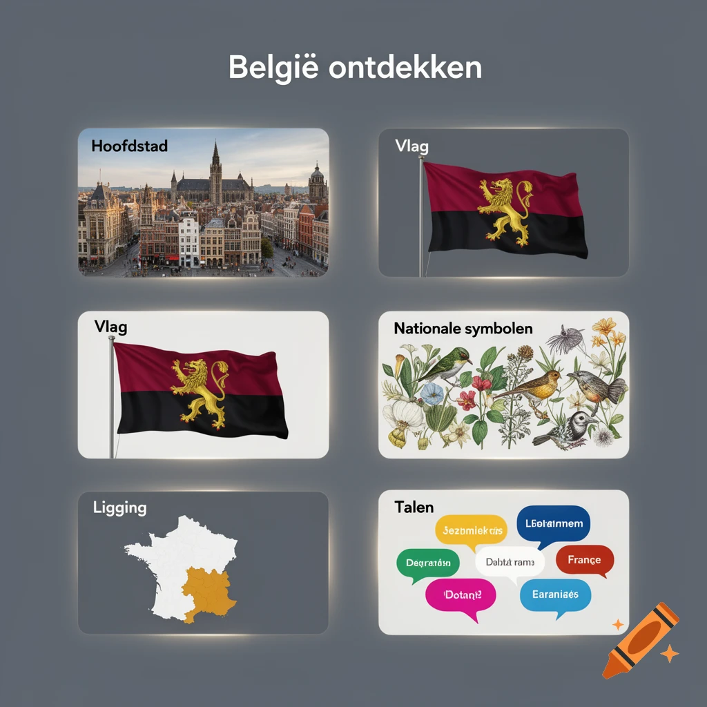 An infographic titled 'België ontdekken' (Discover Belgium) with six cards showing the capital city, two flags, national symbols (birds and flowers), a map highlighting Belgium's location within France, and a 'Talen' (Languages) card with garbled text in speech bubbles.