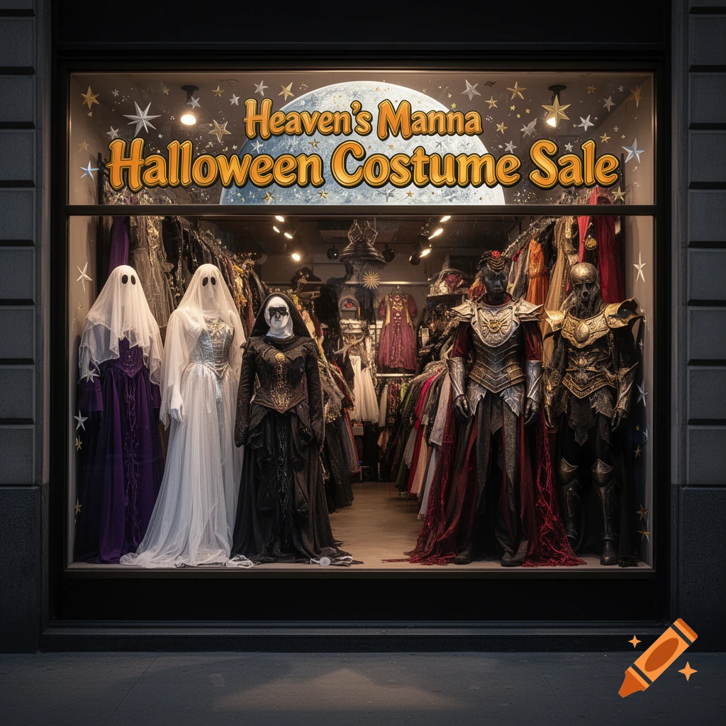 Photorealistic Halloween costume store window with mannequins in ghost, dark fantasy, and knight outfits, under a 'Heaven's Manna Halloween Costume Sale' sign.